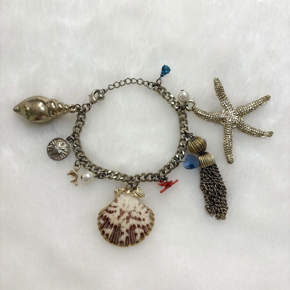Sea Life Ocean Theme Charm Bracelet Gold Tone Adjustable Length